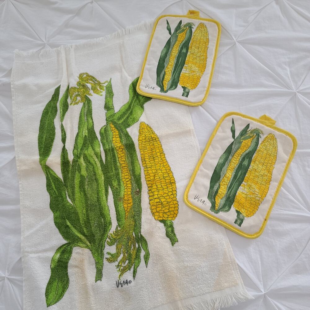 Vera Neumann VTG 1970s Corn 3pc Set Dish Towel Pot Holders MCM Art Kitsch Retro